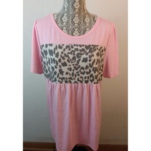 NWT GRECERELLE Women Pink With Animal Print Front Short Sleeves Baby Doll Top XL
